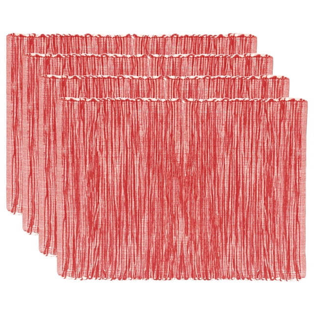 Fabstyles Shadows Cotton Placemats Set of 4 in red, each 13 by 19 inches, featuring a woven vertical stripe texture and rustic cloth finish, suitable for kitchen, dining, or outdoor tables, arranged overlapping on a white background.
