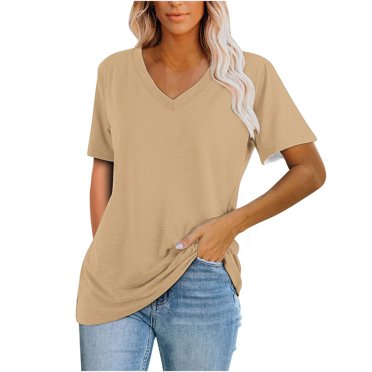 Mrat Camisoles Tuniques pour Femmes Blouses Décontractées pour Femmes T-Shirt Uni à Manches Courtes Hauts à Col en V Tuniques pour Femmes 2024 S-71 Kaki P