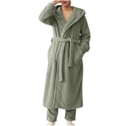 Yanlir Men Women Long Sleeve Fleece Bathrobe Winter Thickened Warm Plush Robe Cozy Homewear Soft Flannel Housecoat with Pockets and Belt Home Relaxation Wear Comfortable Robe for Men(Green,2XL)