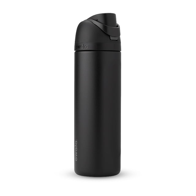 Owala Bouteille d'Eau FreeSip en Acier Inoxydable 24oz Noire avec Corps en Acier Inoxydable Isolé à Triple Couche Noir Mat, Bec FreeSip Breveté avec Paille Intégrée et Grand Ouverture, et Couvercle Étanche, Idéale pour Tasses de Voyage et Contenants de Rangement pour Boissons, Convient Aussi pour Transporter des Boissons Froides Ou Chaudes sur le Pouce.