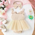 thumbnail image 2 of MIASHUI Girls Sleeveless Rib Romper Skirts with Bowknot Headbands Outfits,Beige,6-12 Months, 2 of 9