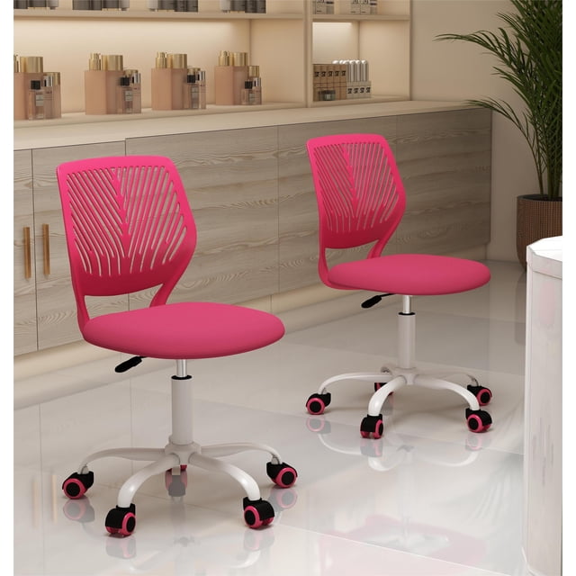 Homy Casa 2 Packs Compact Rolling Desk Chair for Student in bright pink with ergonomic leaf back design, cushioned fabric seat, height-adjustable white base, and smooth-rolling black-and-pink casters, shown in a modern room with light wood cabinetry and decorative items.
