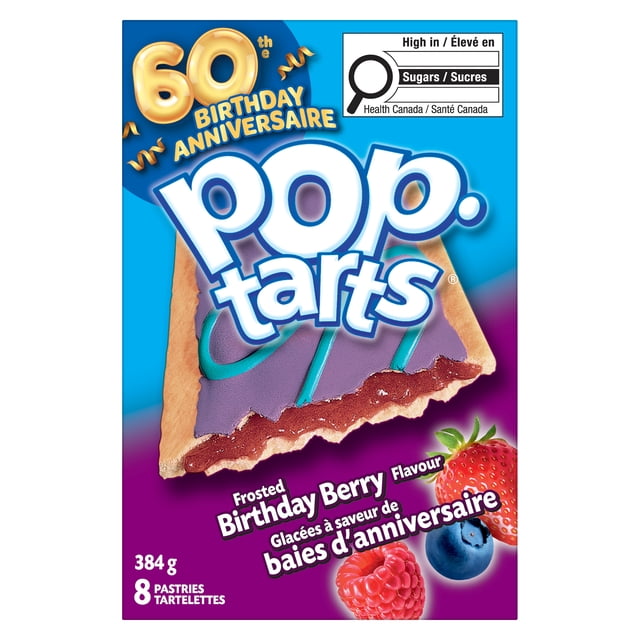 Pop-Tarts® Frosted Birthday Berry Flavour Pastries, 384g box with 8 toaster pastries featuring a golden crust topped with purple frosting and blue icing, filled with wild berry filling, shown with strawberry, raspberry, and blueberry images on packaging celebrating the 60th birthday anniversary.