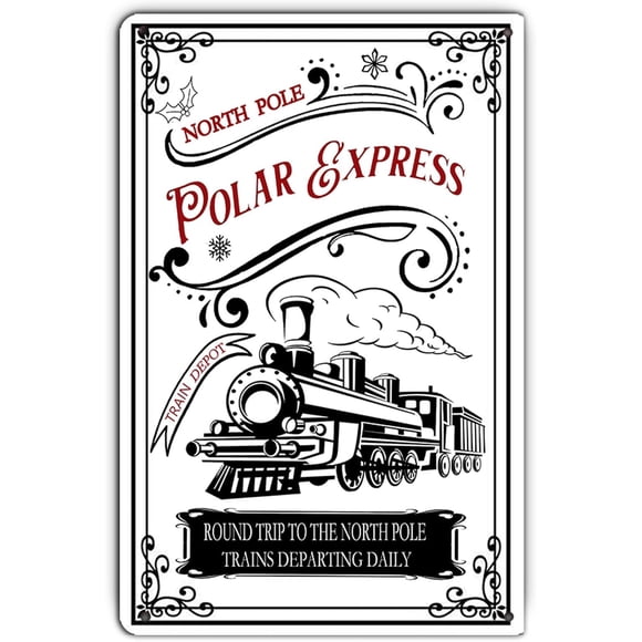 Enseigne en Tôle Métallique Polar Express Train Depot the North Pole Noël Vintage Rétro Affiche pour Cuisine Café Bar Décoration Murale de Maison Plaque 8x12 Pouces...