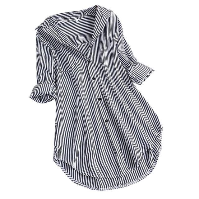 IROINID Hauts Grande Taille pour Femmes Rayé Manches Longues Col Rabattu Bouton Haut Ample Chemisier, Noir