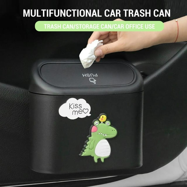 Creative Car Trash Can Bin with Lid Trash Bags Small Car Leakproof Garbage Can Dinosaur Pattern Dust Bin Organizer Container Dinosaur One Size