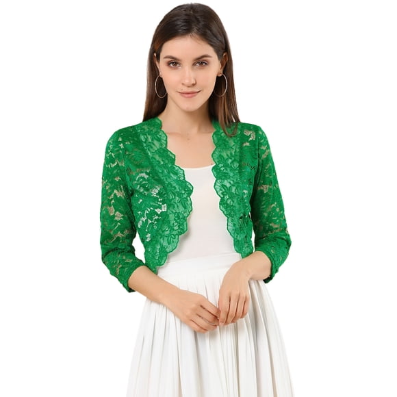 INSPIRE CHIC Women's Elegant 3/4 Sleeve Sheer Lace Floral Open Front Bolero Shrug
