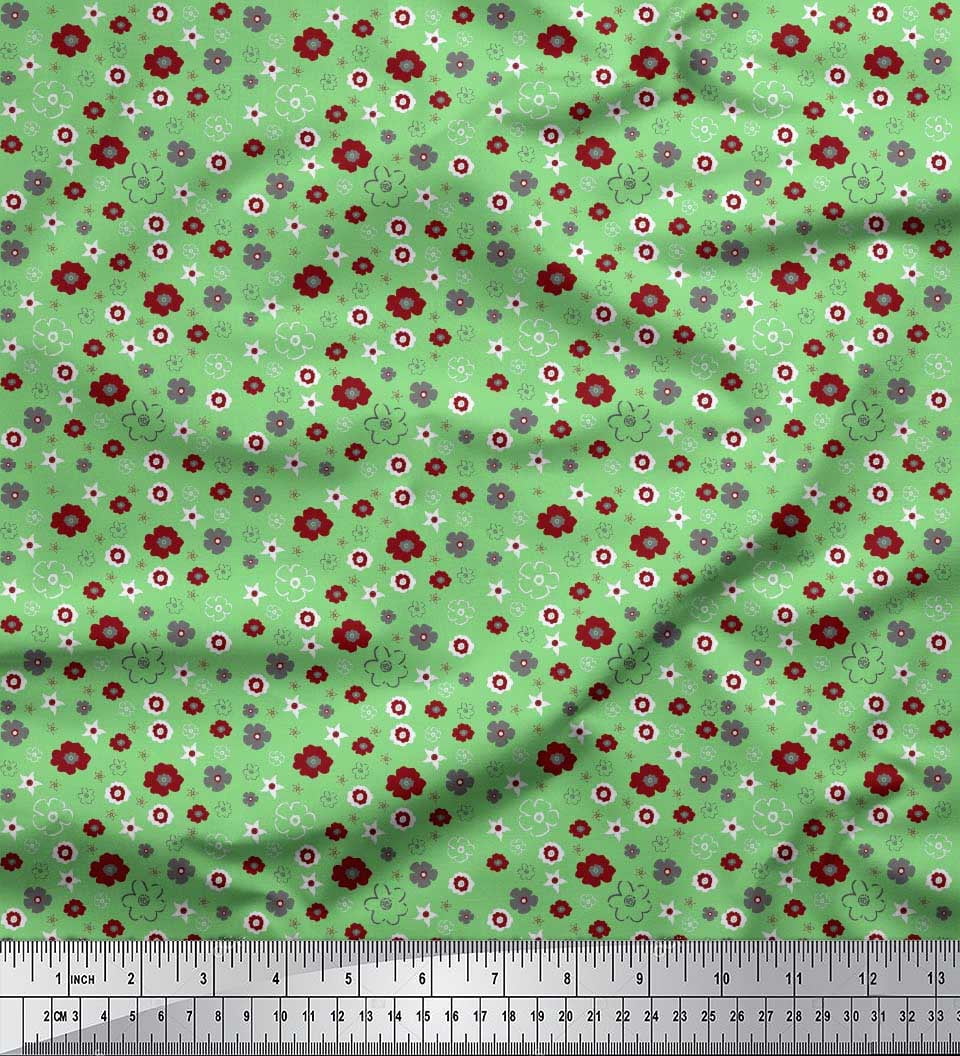Soimoi Green Modal Satin Fabric Flower Artistic Print Fabric by the Yard 42 Inch Wide