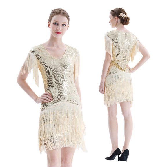 Robe d'Été pour Femmes Style Années 1920 Vintage Flapper Great Gatsby à Franges Perlées Robes Bal Cocktail Bal Paillettes Franges Taille P-3TG