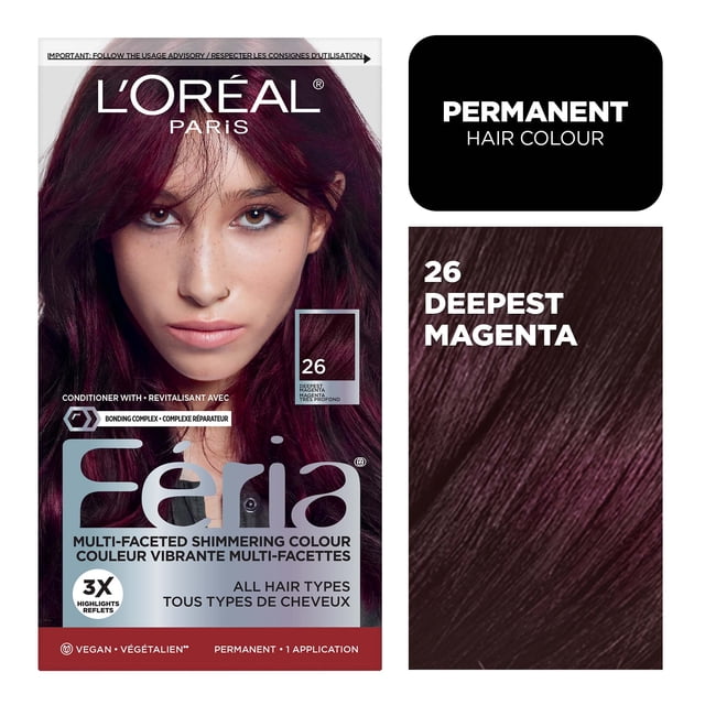 L'Oréal Paris Feria Permanent Hair Dye in shade 26 Deepest Magenta with multi-faceted shimmering colour and 3X highlights, featuring a vegan formula and bonding complex for stronger hair, suitable for all hair types.