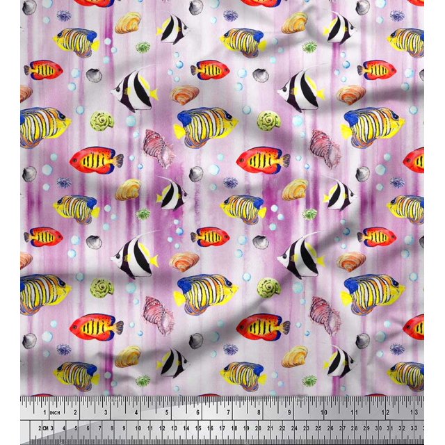 Soimoi Cotton Cambric Fabric Fish & Shells Ocean Print Fabric by The Yard 56 Inch Wide