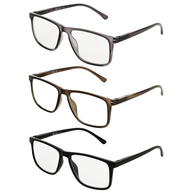 Equate Quinn Men's Reading Glasses 3-Pack includes three rectangular full-rim frames in translucent gray, brown, and black, each with fully magnified, scratch-resistant, and impact-resistant single-vision lenses for reading and detailed close-up work, also suitable for hobby tasks.