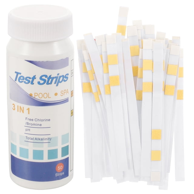 50Pcs Water Test Strips Drinking Water Test Kit, featuring a bottle of 3-in-1 test strips for pH, free chlorine, and total alkalinity testing. The kit includes 50 paper strips with yellow indicator pads, designed for use in tap water, swimming pools, hot springs, aquariums, and SPAs. The strips are easy to use by dipping into water and comparing the results with the color chart on the bottle. The compact bottle measures approximately 9.5x3.5x3.5 cm.