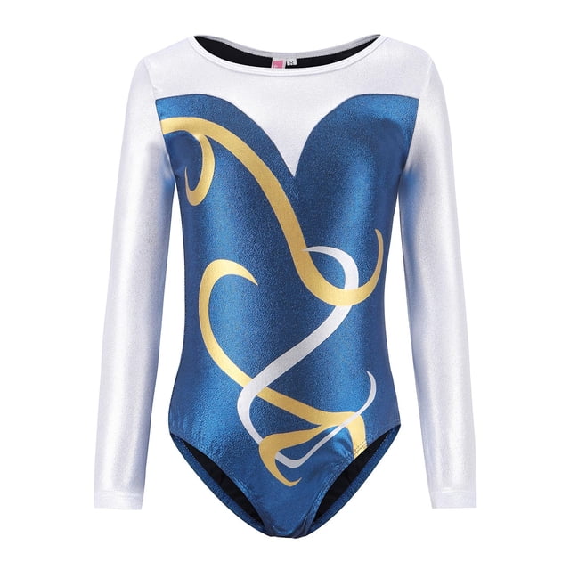 Girls Long Sleeve Shiny Golden Swirl Athletic Dance Gymnastic Leotards Bodysuit