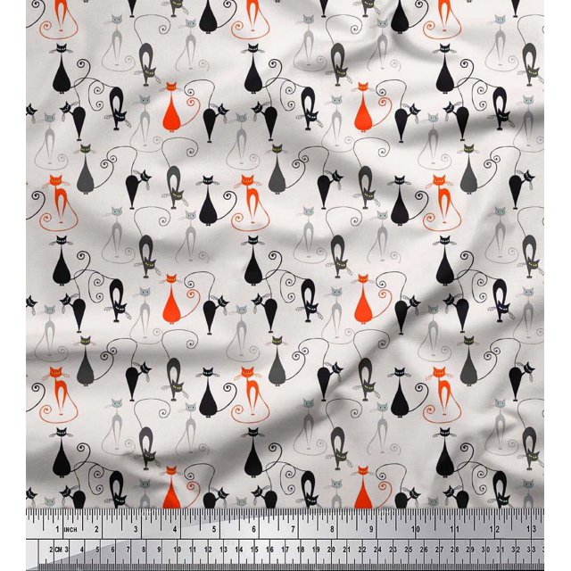 Soimoi Polyester Crepe Fabric Cat Animal Print Fabric by The Yard 42 Inch Wide