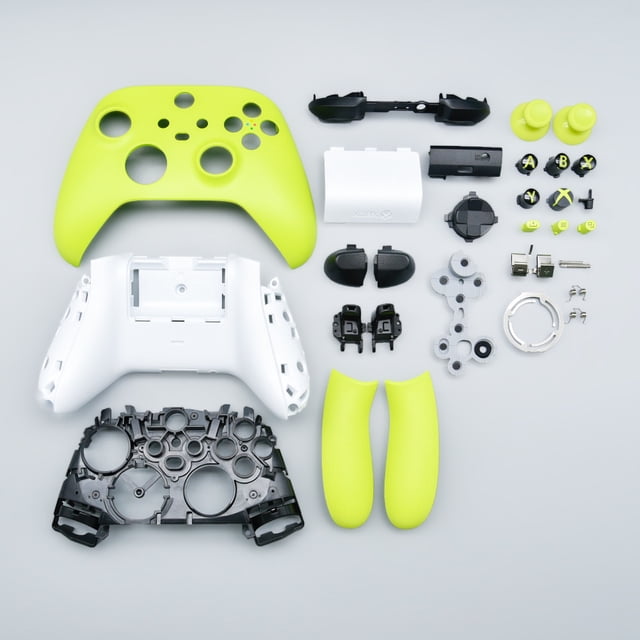 Replacement Shell Kit for Xbox Series X & S Controller full shell cover and button set including front and back panels, mid frame, side rails, ABXY and LT/RT, LB/RB buttons plus thumbstick tops and included tool, matte black pieces laid flat on white background in a centered front-facing product layout.