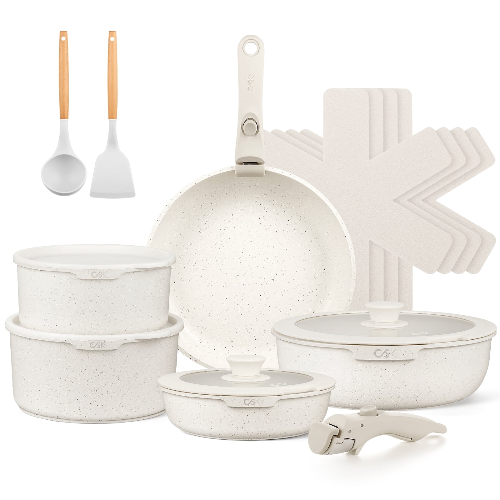 Koch Systeme CS 17-Piece Nonstick Cookware Set with Removable Handle, Induction Pots and Pan Set, Suitable For All Stoves, Cream White