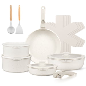 Koch Systeme CS 17-Piece Ensemble de vaisselle antiadhésive avec poignée amovible, pots d'induction et poêle, adapté à toutes les poêles, blanc crème