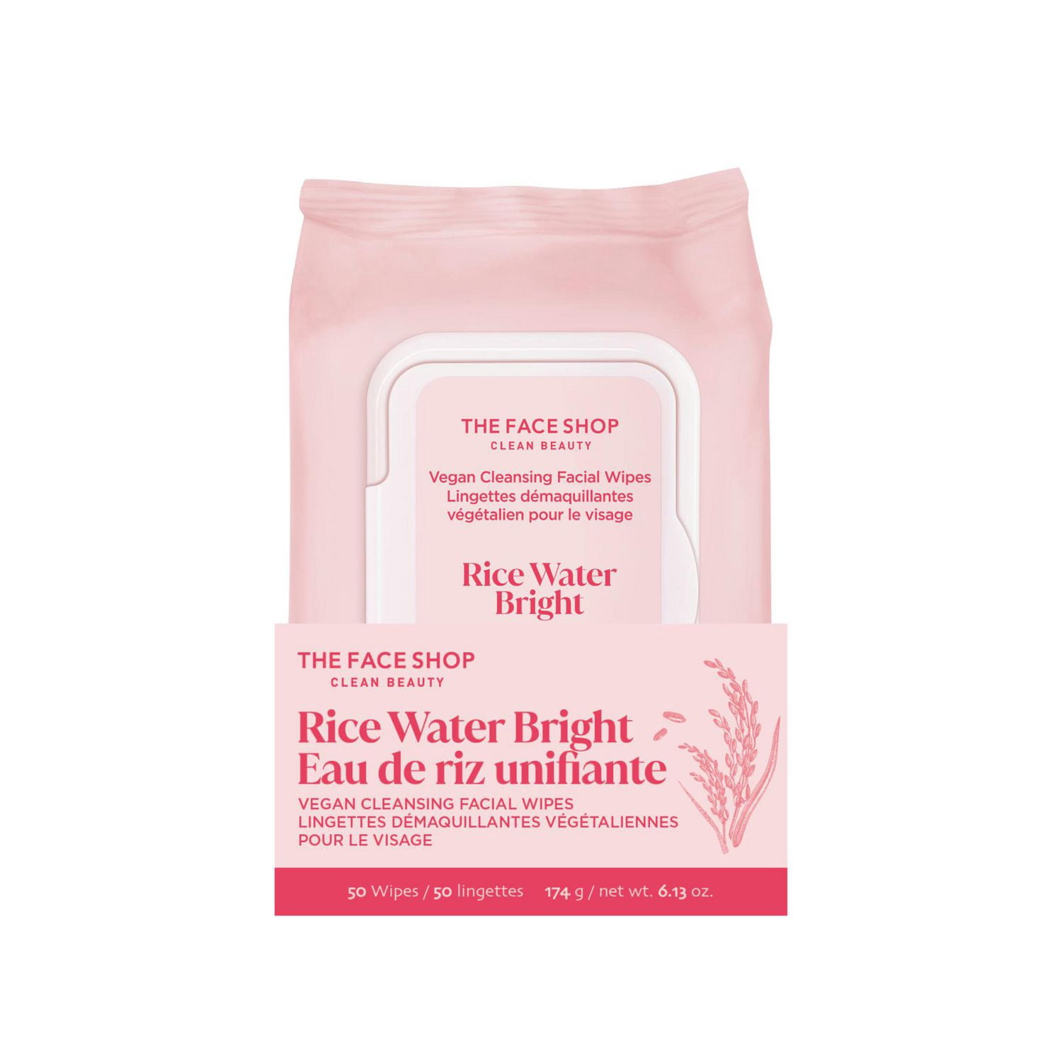 Lingettes démaquillantes pour le visage végétaliennes Rice Water Bright de THE FACE SHOP avec lait nettoyant hydratant – Soins de la peau coréens pour tous les types de peau, 50 lingettes