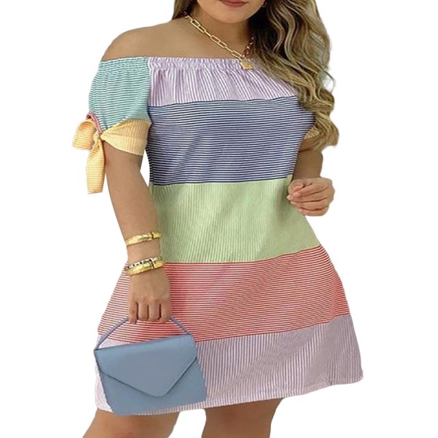 MesaSe Robe d'Été à Imprimé Floral pour Femmes, Robe Mini à Rayures à Épaules Dénudées, Robe Décontractée Ample avec Nœud, Mode Urbaine TTG