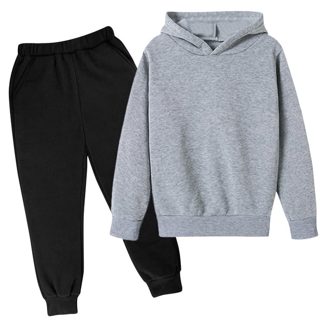 Tenues pour Filles, Mode Décontractée, Manches Longues Unies, Ensemble à Capuche, Gris 7T