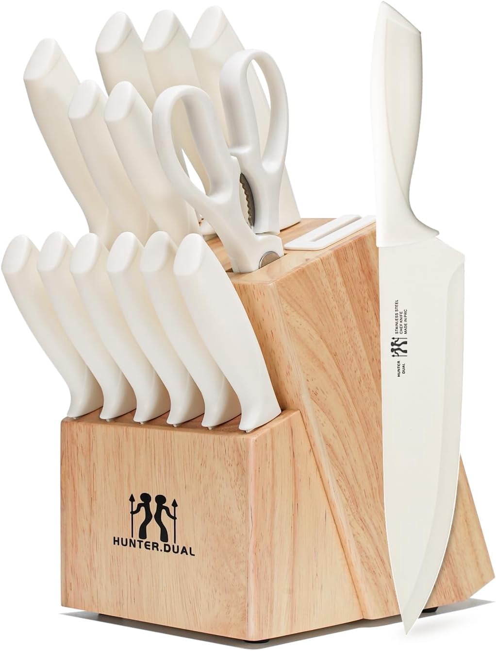 15-Piece Kitchen Knife Set with Block, Self-Sharpening Knife Block Set with 6 Steak Knives, Dishwasher Safe Stainless Steel Knives for Kitchen Cooking, Cream,Cream