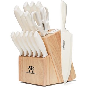 15-Piece Kitchen Knife Set with Block, Self-Sharpening Knife Block Set with 6 Steak Knives, Dishwasher Safe Stainless Steel Knives for Kitchen Cooking, Cream,Cream