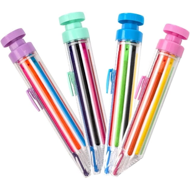 Crayons Bulk Multicolor Pen 8 in 1 Multicolor Crayons, featuring 4 retractable crayon pens with interchangeable 8 vibrant colors in each pen. The pens have a spring retractable design for easy color switching and are ideal for graffiti painting, drawing, and creative projects. Each pen measures 5.70 x 0.94 x 0.67 inches and comes in a transparent casing with colourful accents, including purple, mint green, blue, and pink tops. Suitable for students and kids, these crayons are perfect for school arts and crafts or as party favour gifts.