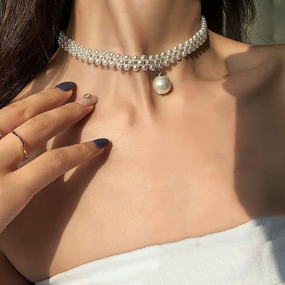 Pearl Choker Necklace Silver Crystal Short Necklaces Row Pearl Pendant Necklace Jewelry for Women and Girls