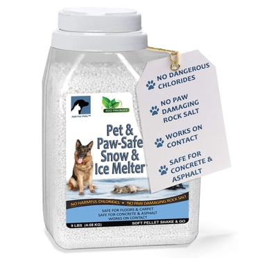 JUST FOR PETS Snow & Ice Melter Safe for Pets & Paws Contains No Toxic Chlorides or Painful to The Paw Rock Salt, Safe for Dogs & Cats. Fast Acting and Works On Contact 9 lb. Shaker Jug