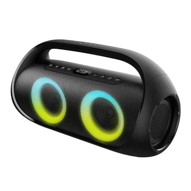 onn. Bluetooth Portable FM Boombox with Multicolour LED Lighting showing a black boombox with a curved handle, dual front speakers illuminated by blue and yellow LED rings, top control panel with power, Bluetooth, volume, and mode buttons, digital display, and side passive bass radiators, ideal for wireless streaming and outdoor use.