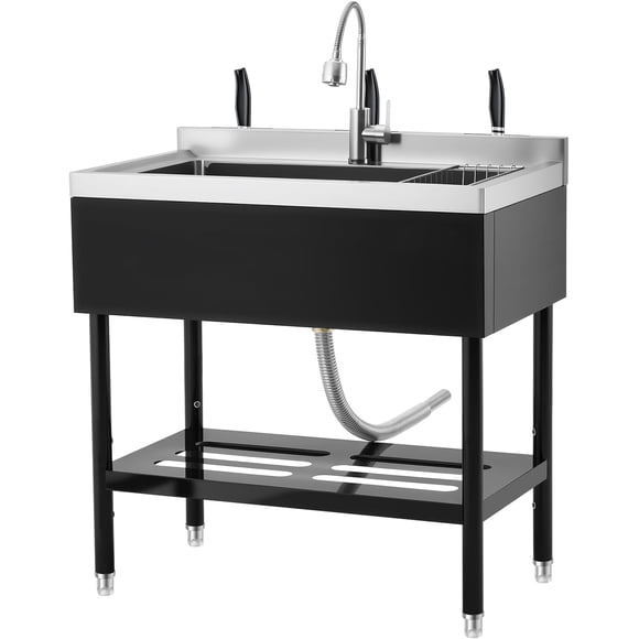 36x20x35 In Freestanding Stainless Steel Utility Sink Single Bowl with Pull-Out Faucet Shelf Basket and Drain Kit Black