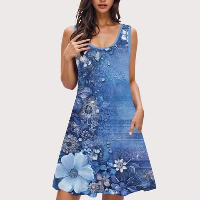 Ovzne Robes Grande Taille pour Femmes aux Formes Robe pour Femme Femmes Imprimé avec Poches Chemises de Nuit Sans Manches Vêtements de Nuit Chemise de Nuit Col Rond Robe de Nuit Robe pour Femmes Imprimée Liquidation