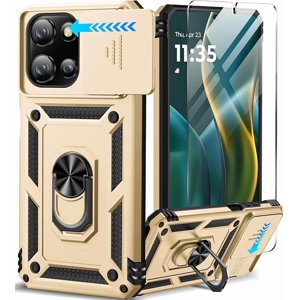 MUKO for Motorola Moto G 5G 2025 Case with Screen Protector & Slide Camera Lens Cover, Built-in 360°Rotate Magnetic Ring Stand Shockproof Protective Phone Case for Moto G 2025 Case Gold