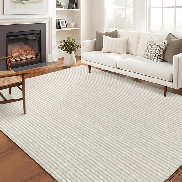 Machine Washable Non-Slip Striped Area Rug – Soft Low Pile Carpet, Contemporary Design – Perfect for Living Room, Bedroom, Nursery, Kitchen, Office – Anti-Skid Entryway Mat
