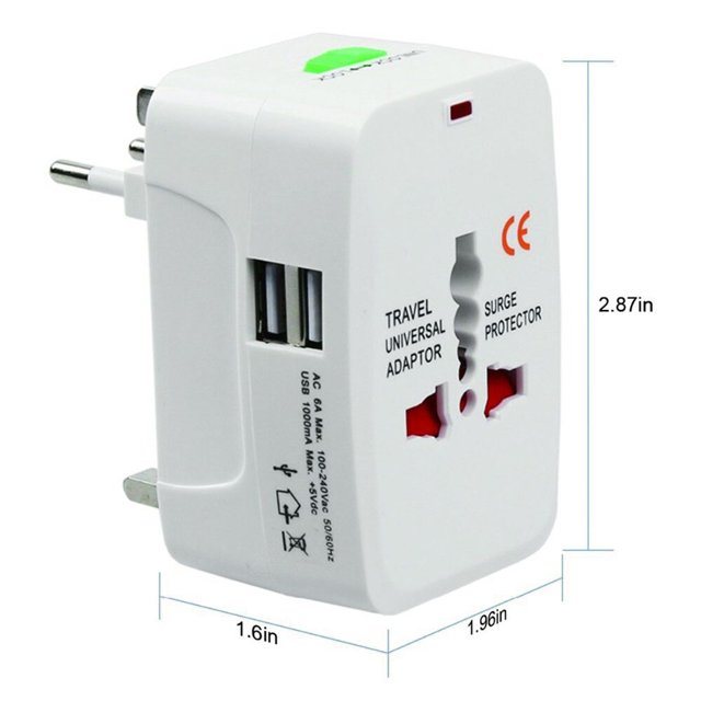 Travel adapter all-in-one wall charger plug adapter socket with a universal USB converter socket. The compact white adapter measures 2.87 inches in height, 1.96 inches in width, and 1.6 inches in depth. It features multiple USB ports, a surge protector, and a universal socket compatible with various plug types. Designed for global travel, it supports 100-250V nominal voltage and a rated current of 10A. Made of durable ABS material with copper conductive components, it includes safety features like short circuit and power surge protection. Suitable for charging devices such as smartphones, tablets, and cameras.
