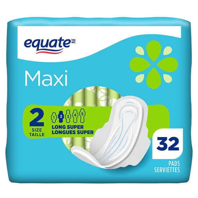 Equate Long Super Absorbency Maxi Pads with Flexi-Wings, Size 2, 32 Count