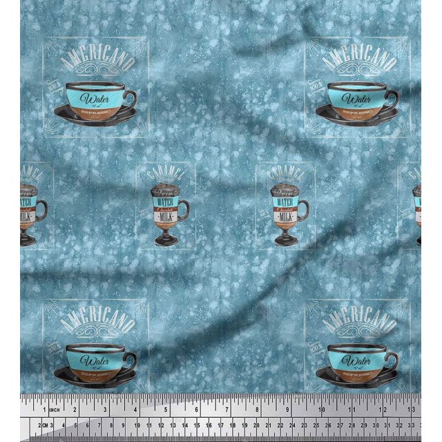 Soimoi Blue Poly Georgette Fabric Caramel & Americano Coffee Beverages Decor Fabric Printed Yard 52 Inch Wide