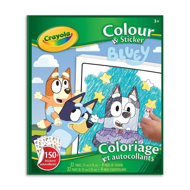 Colour & Sticker Pages, Bluey by Crayola featuring 32 colouring pages and 4 sticker sheets with over 150 stickers of Bluey characters, shown with a child applying a sticker to a coloured Bluey drawing, suitable for creative play for kids aged 3 and up.