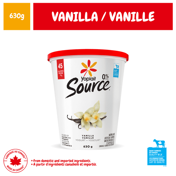 Yogourt traditionnel onctueux Yoplait Source 0 %, vanille, sans sucre ajouté, 630g