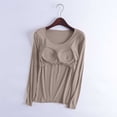 thumbnail image 4 of Meichang Liquidation Hauts de Pyjama pour Femmes avec Soutien-Gorge Intégré T-Shirt en Modal Manches Longues Col Ras du Cou Couleur Unie Confortable Doux Vêtements de Nuit Hauts Kaki TTG, 4 of 7
