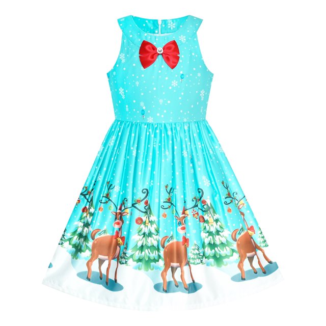 Girls Dress Blue Christmas Tree Snow Reindeer New Year 12 Years