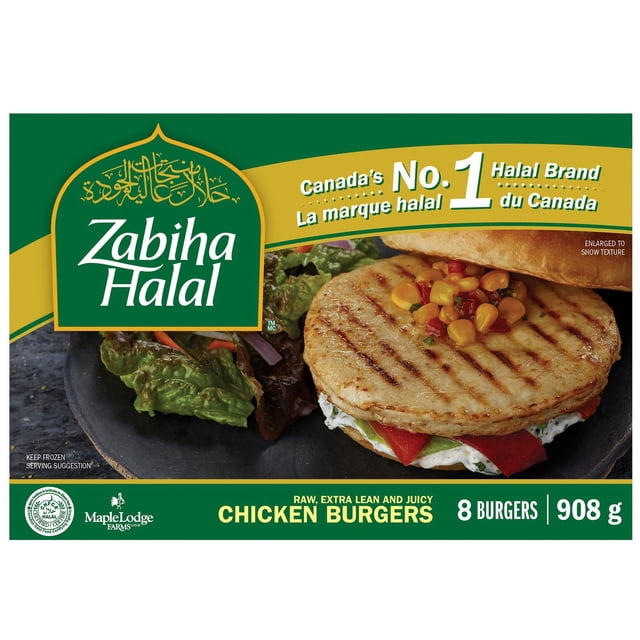 Zabiha Halal Chicken Burgers package showing a grilled chicken burger patty on a bun with lettuce and tomato, featuring 8 raw, extra lean, juicy chicken burgers weighing 908 g, branded as Canada's No. 1 Halal brand with bilingual English and French text.