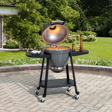 Sunjoy Gril au Charbon Kamado de 20 Po pour L’extérieur, Gril de Type œuf avec Pierre à Pizza, Barbecue et Fumoir tout-en-un avec Roues