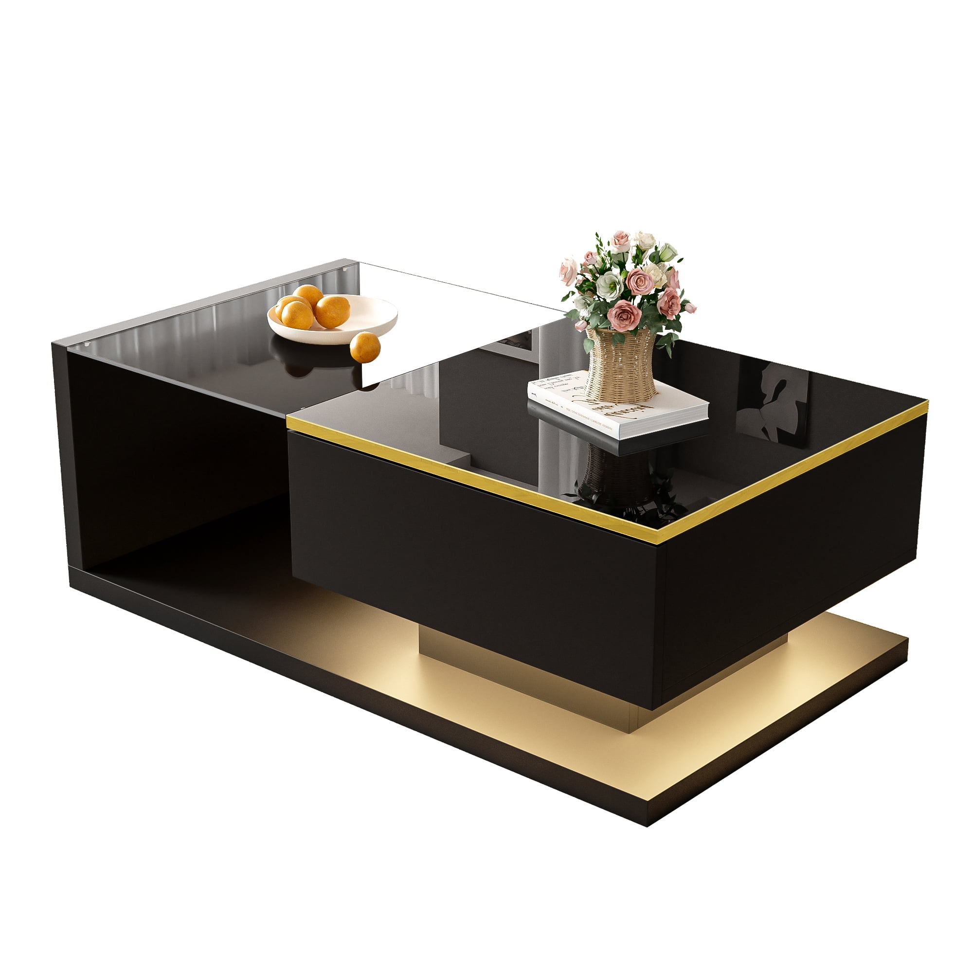 Noble House 39.4" High-Gloss Black Coffee Table, Tempered Glass with Dimmable LED, Storage Compartment & Open Shelves,Black