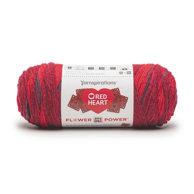 Red Heart® All In One Flower Power™ #4 Worsted (Medium) Acrylic Yarn skein in red with repeating 3-color engineered stripes, 8.8oz/250g and 417 yards, designed for crocheting continuous floral motifs with fewer ends to weave in, shown front-facing with Yarnspirations label.