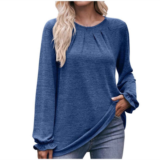 IROINNID Rabais T-shirt à Manches Longues en Polyester pour Femmes Chemises en Coton pour Femmes Décontracté Uni Col Rond T-shirt Ample Haut, Bleu