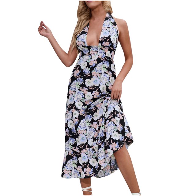 Pompotops Mode Femmes Casual Impression en Vrac Sexy V-Cou Licol Sans Manches Longue Robe