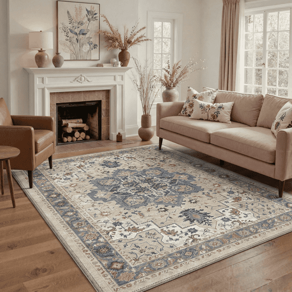 5x7 Area Rugs for Living Room and Bedroom with Non Slip Backing Low Pile Light Weight Machine Washable Indoor Rug Persian Medallion Print Pattern, Dusty Blue
