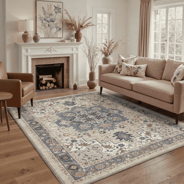 5x7 Area Rugs for Living Room and Bedroom with Non Slip Backing Low Pile Light Weight Machine Washable Indoor Rug Persian Medallion Print Pattern, Dusty Blue